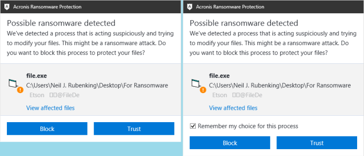 Acronis Ransomware Protection Posible ransomware