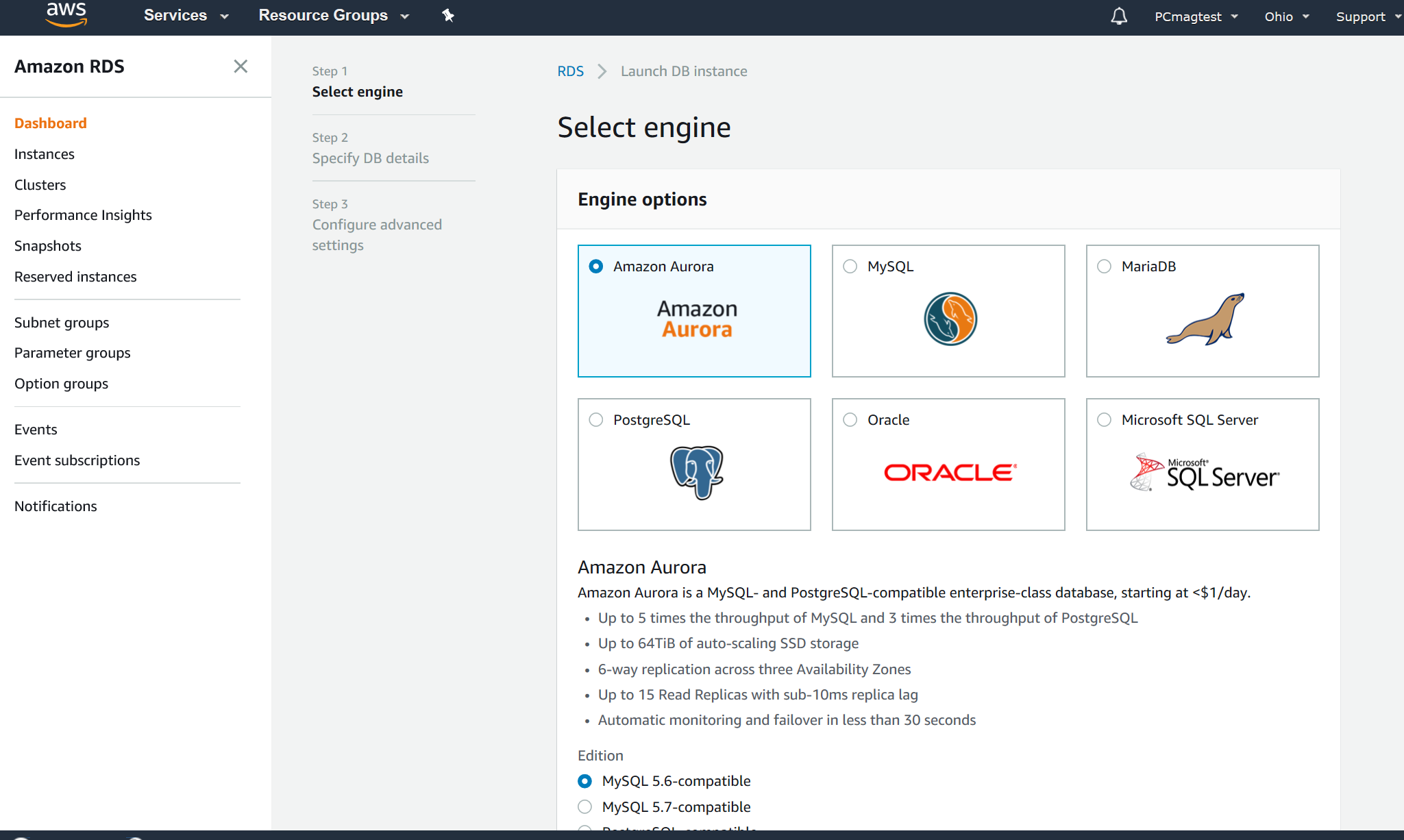 Servicio de base de datos relacional de Amazon: motor seleccionado