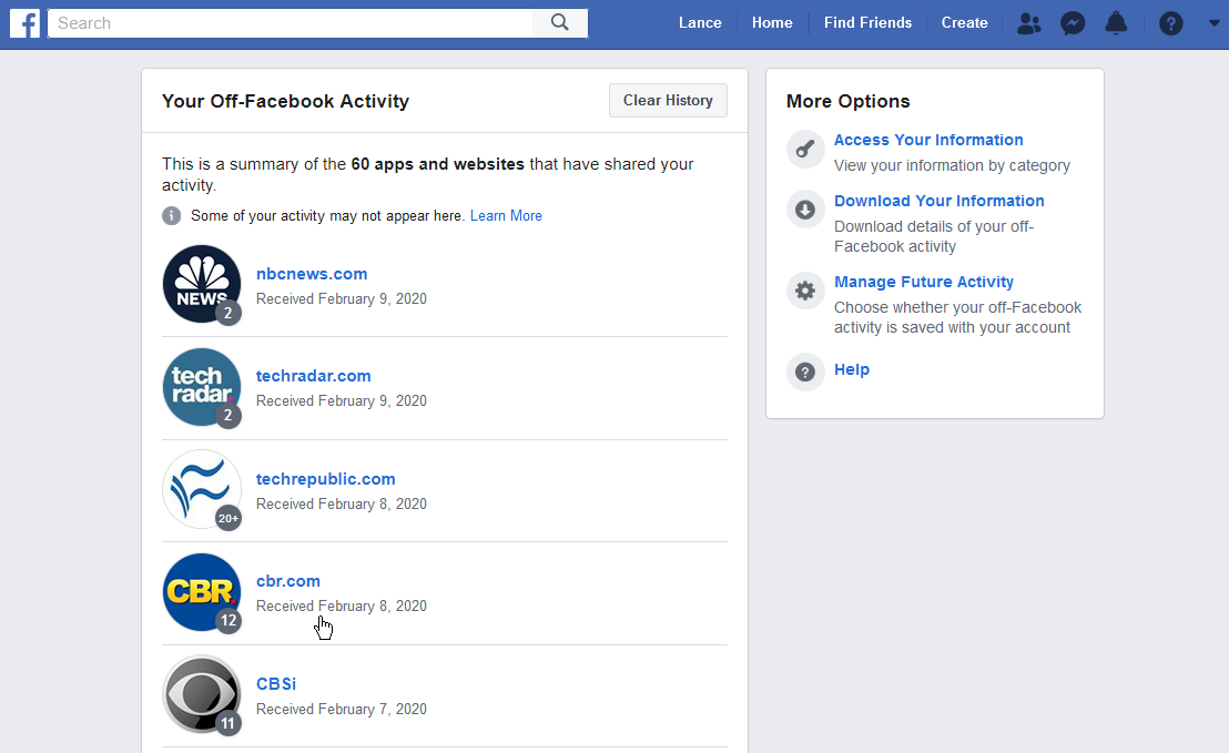 Sitios web de actividades fuera de Facebook;  Ver los sitios web en una lista y profundizar para obtener más información