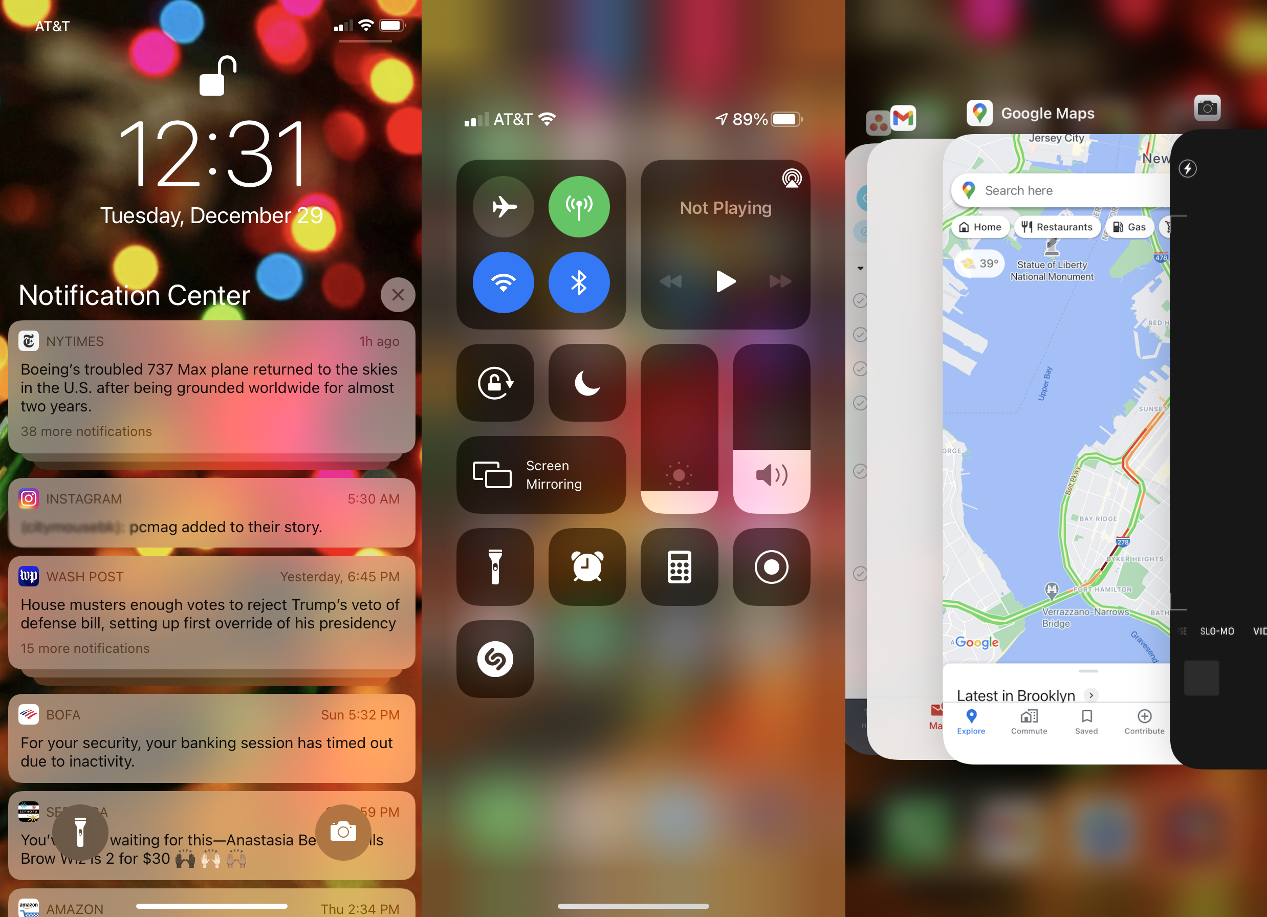 capturas de pantalla del centro de notificaciones de iPhone, el centro de control y el conmutador de aplicaciones