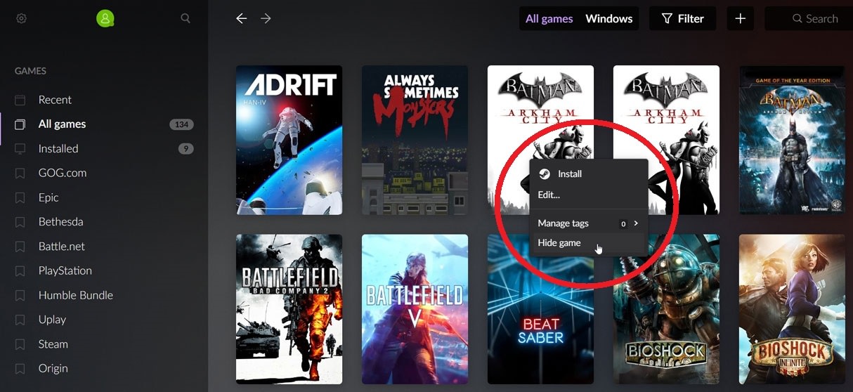 Ocultar un juego en GOG Galaxy