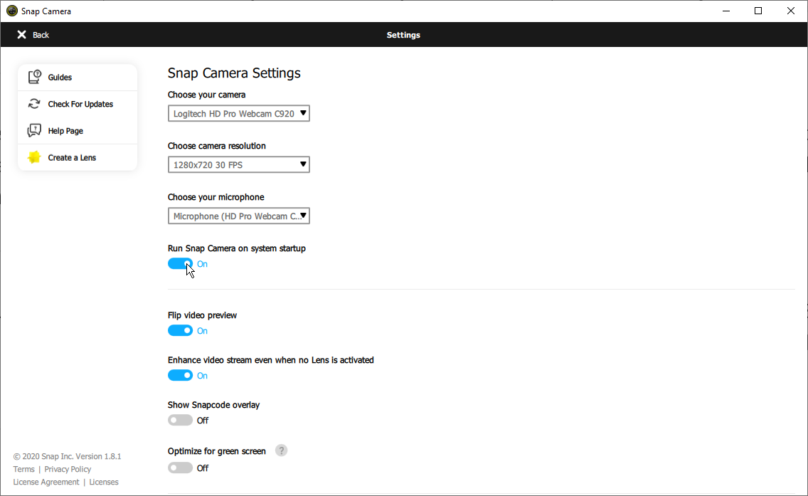 Configuración de la aplicación Snap Camera