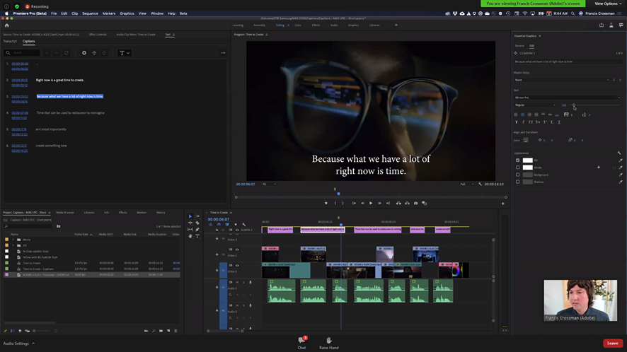 Subtítulos automáticos en Premiere Pro Adobe Max 2020