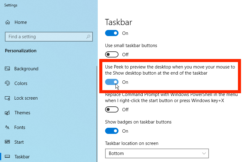 la configuración de la barra de tareas muestra el escritorio