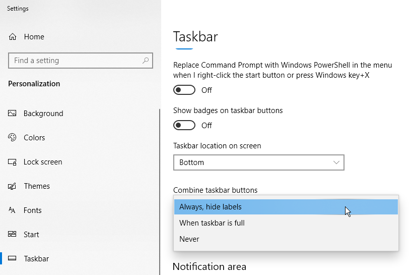 la configuración de la barra de tareas combina botones