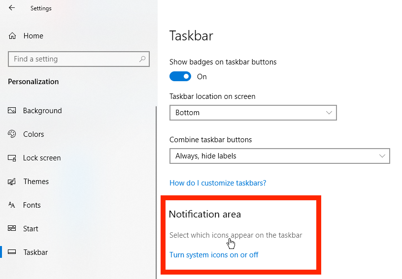 área de notificación de configuración de la barra de tareas