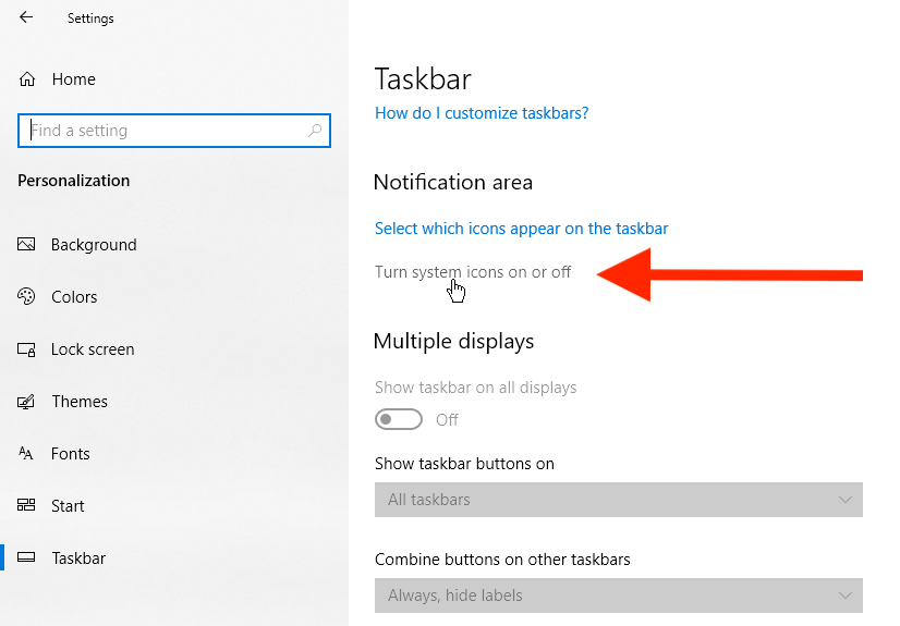 iconos del sistema de configuración de la barra de tareas