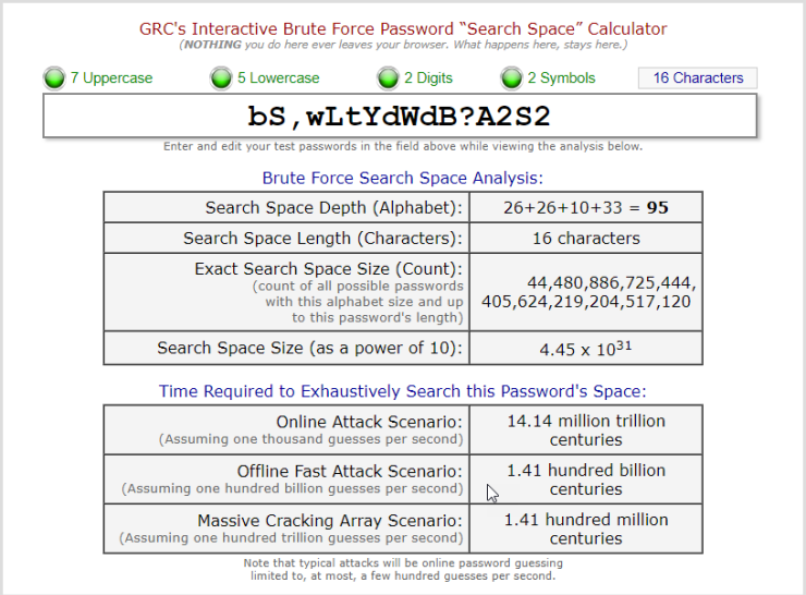 Calculadora de espacio de búsqueda de generador de contraseñas