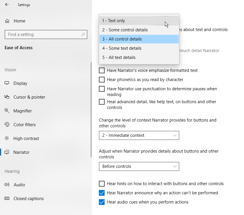 Detalles de la configuración del narrador