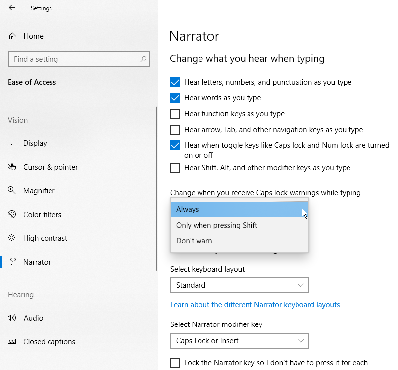 configuración de interacción del narrador