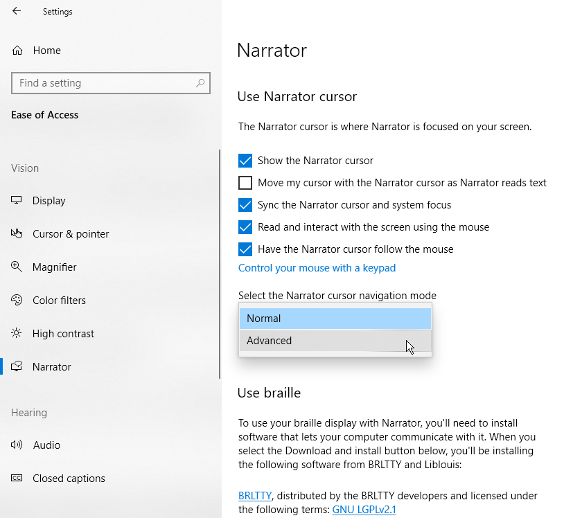 configuración del cursor del narrador