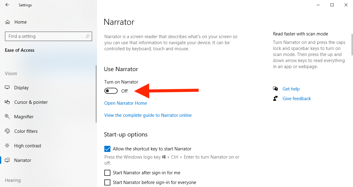 Activar Narrador en la configuración