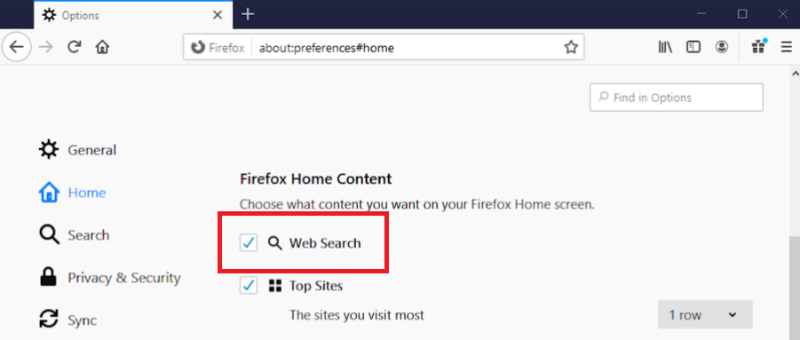 Menú de Firefox que le permite agregar un cuadro de búsqueda web a una nueva pestaña