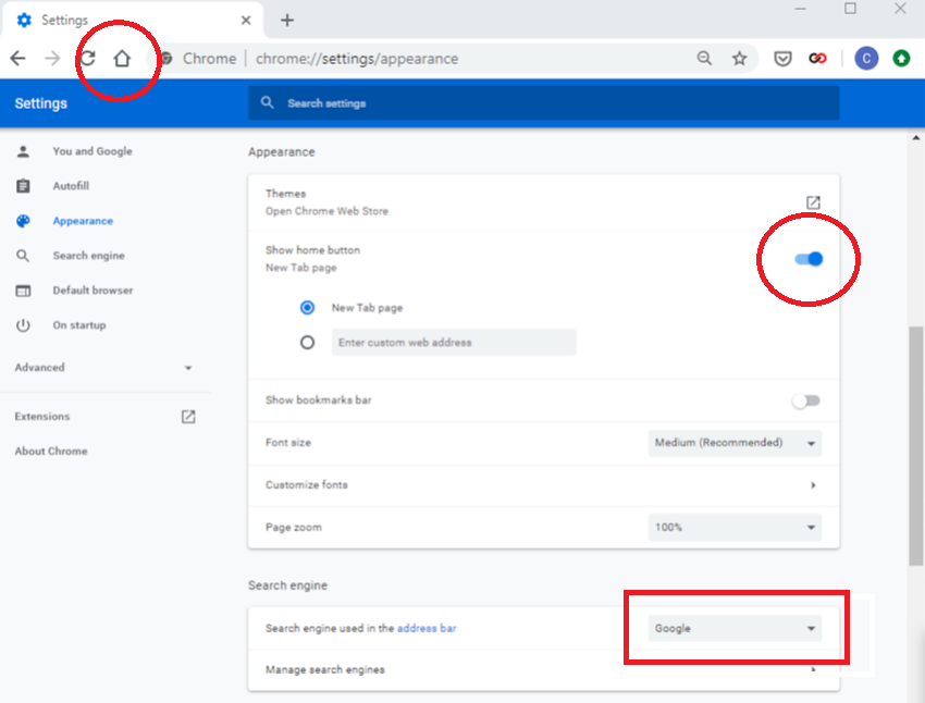 Menú de Chrome donde puede seleccionar su motor de búsqueda y la configuración de la página de inicio