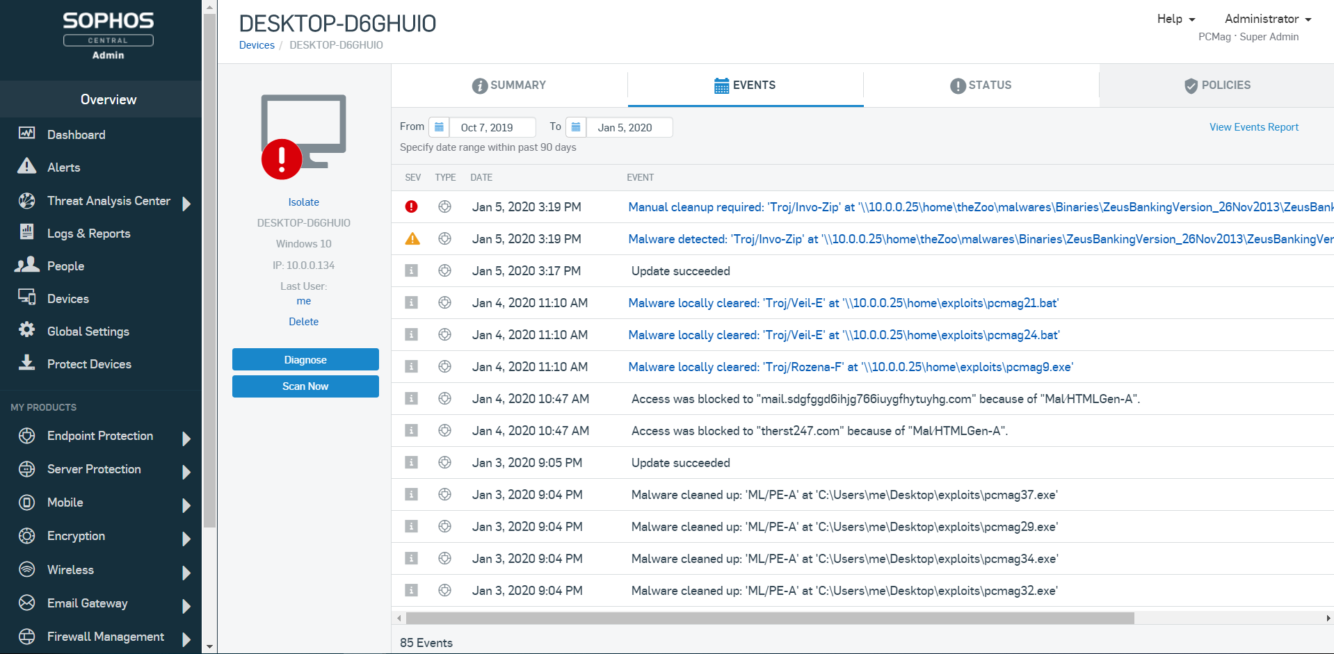 Captura de pantalla del monitor de actividad del dispositivo Sophos Intercept-X Endpoint Protection