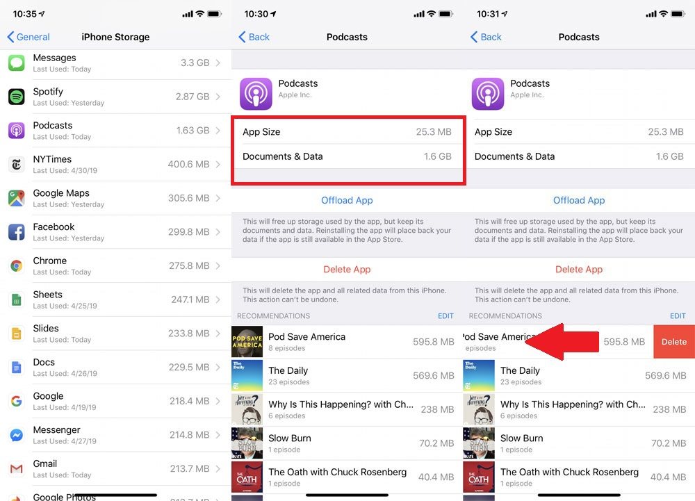 Pantalla de configuración de iPhone con tamaño de la aplicación