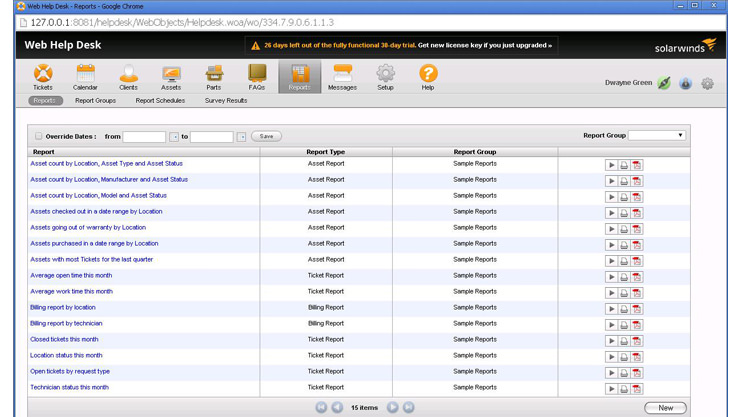 Mesa de ayuda web de SolarWinds - Informes