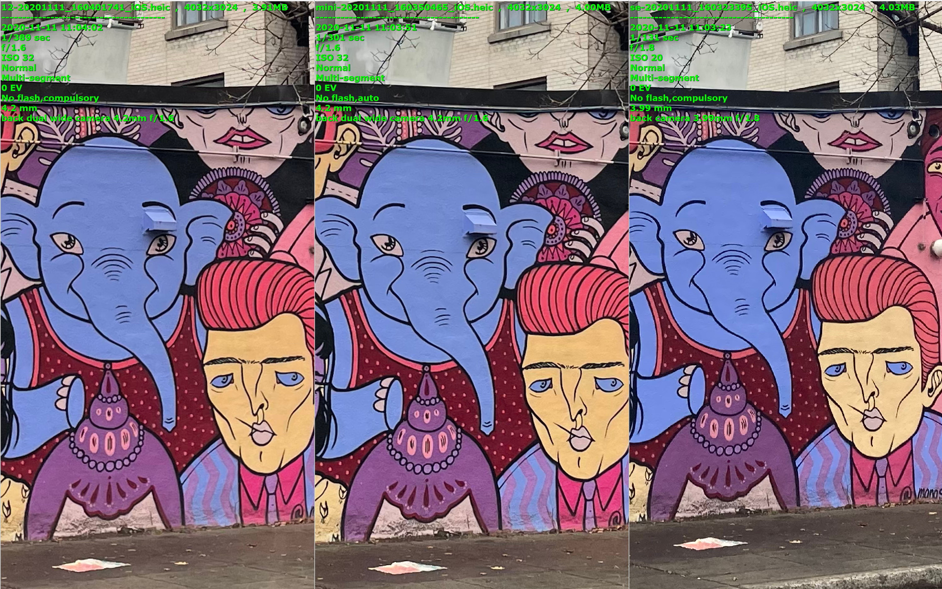 Tres fotografías idénticas de un mural