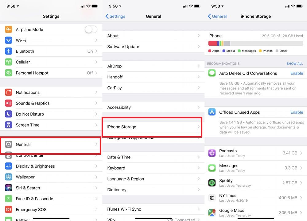 Pantalla de almacenamiento de iPhone en Configuración